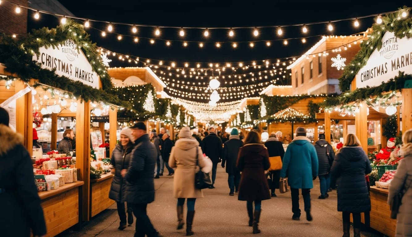 Christmas Markets Tennessee 2025: Top 50 Festive Events and Holiday Fairs 2 A bustling Christmas market in Tri-Cities, Tennessee, with twinkling lights, festive decorations, and vendors selling holiday goods