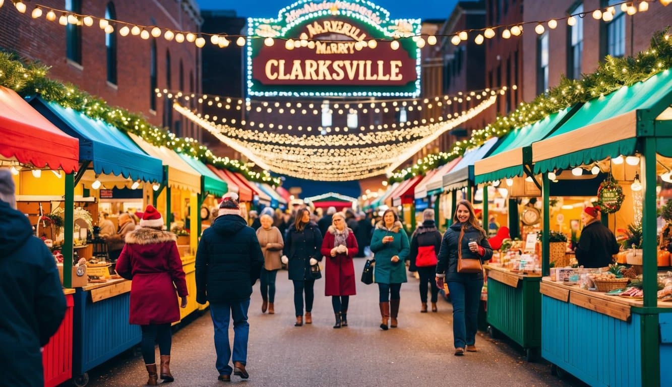 Christmas Markets Tennessee 2025: Top 50 Festive Events and Holiday Fairs 3 A festive holiday market in Clarksville, Tennessee, with colorful stalls, twinkling lights, and cheerful shoppers