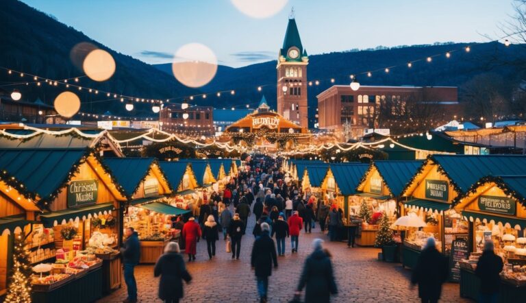 Crowd walks through an outdoor holiday market lined with decorated vendor stalls and string lights, with a clock tower and mountains in the background at dusk.