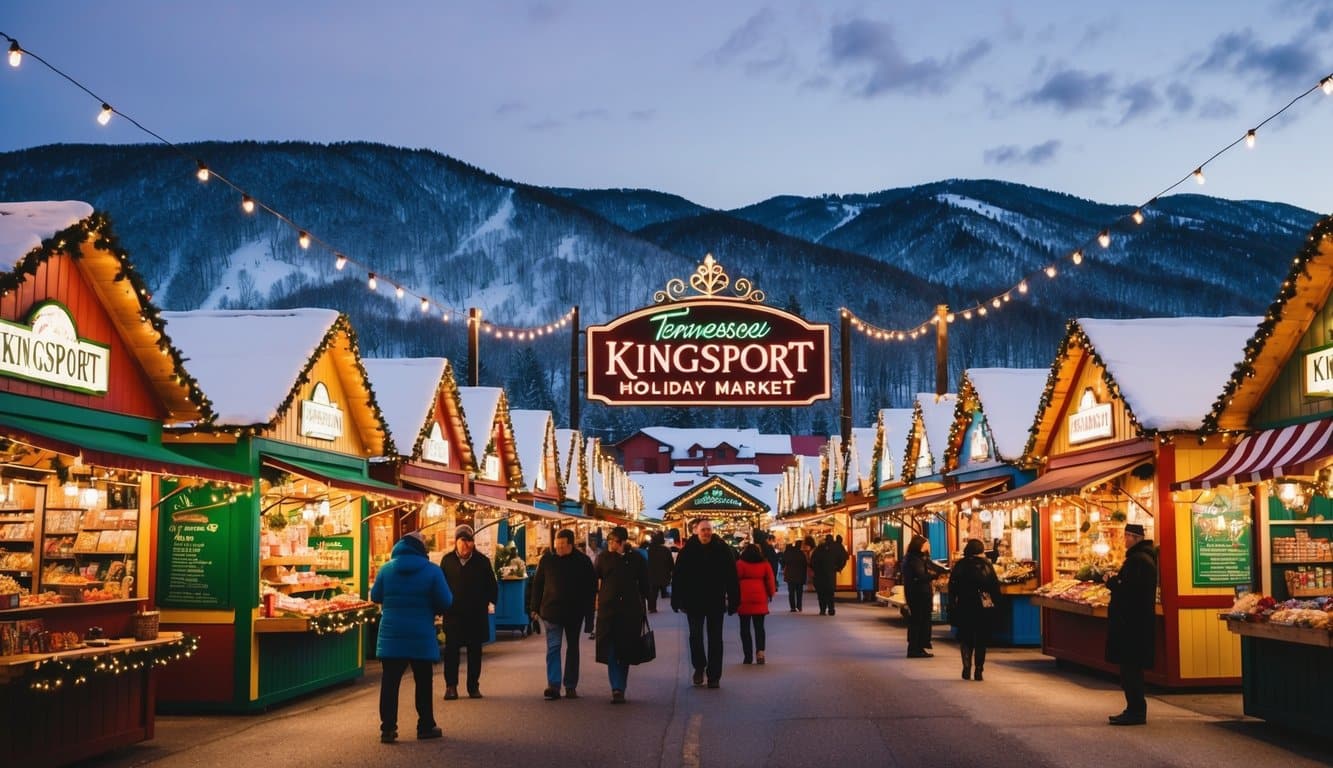 Christmas Markets Tennessee 2025: Top 50 Festive Events and Holiday Fairs 8 A festive Kingsport Holiday Market with colorful stalls and twinkling lights, set against a backdrop of snow-covered mountains in Tennessee