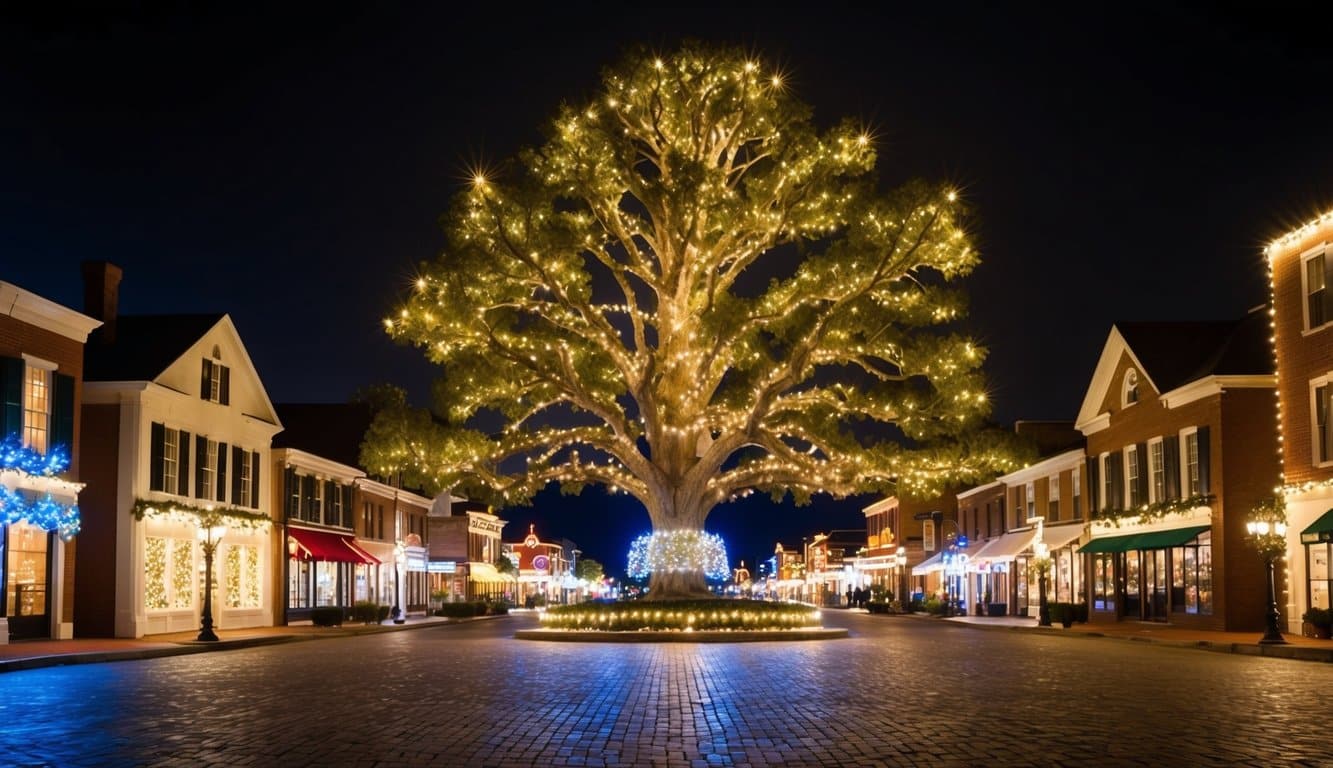 Best Christmas Light Displays Mississippi 2025: Must-See Locations 2 A grand oak tree adorned with twinkling lights, illuminating a quaint Mississippi town square. Brightly lit storefronts and festive decorations line the streets, creating a magical holiday atmosphere