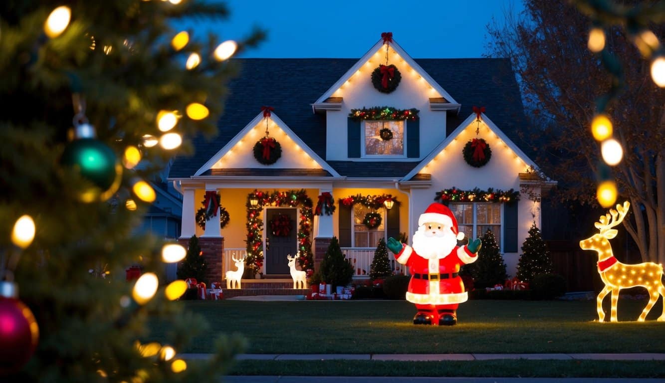 Best Christmas Light Displays Mississippi 2025: Must-See Locations 3 A cozy house adorned with colorful lights, wreaths, and festive decorations, with a glowing Santa Claus and reindeer display in the front yard