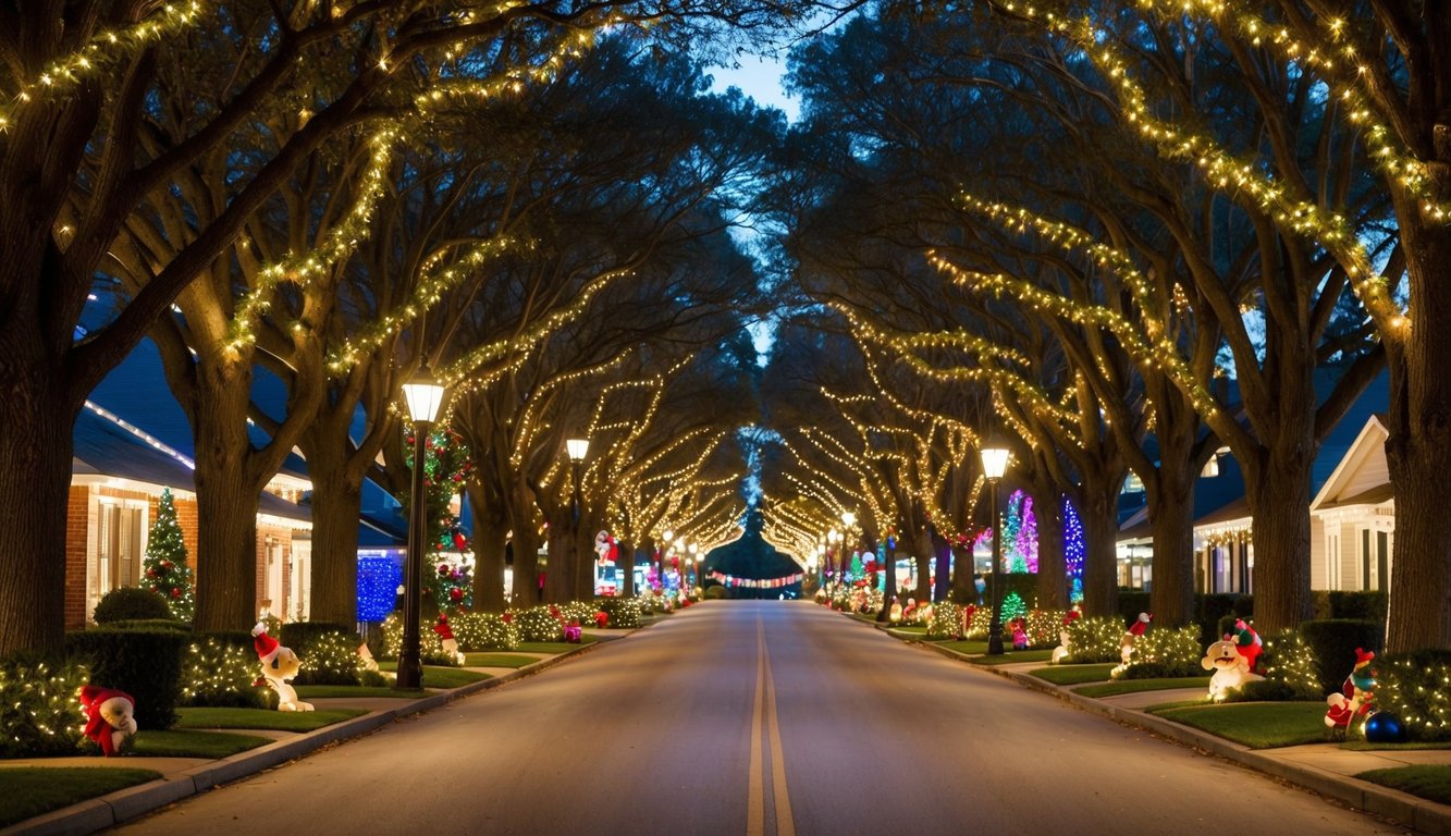 Best Christmas Light Displays Mississippi 2025: Must-See Locations 6 A cozy suburban street lined with grand oak trees, adorned with twinkling Christmas lights and colorful decorations, creating a festive and enchanting holiday display
