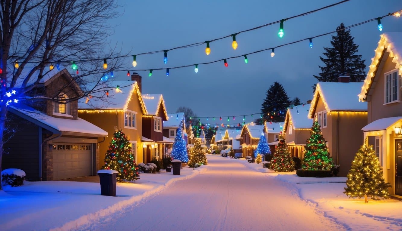 Best Christmas Light Shows Michigan 2025: Top Dazzling Displays to Experience 4 A cozy suburban street glows with colorful Christmas lights, illuminating the snowy landscape and creating a festive and magical atmosphere