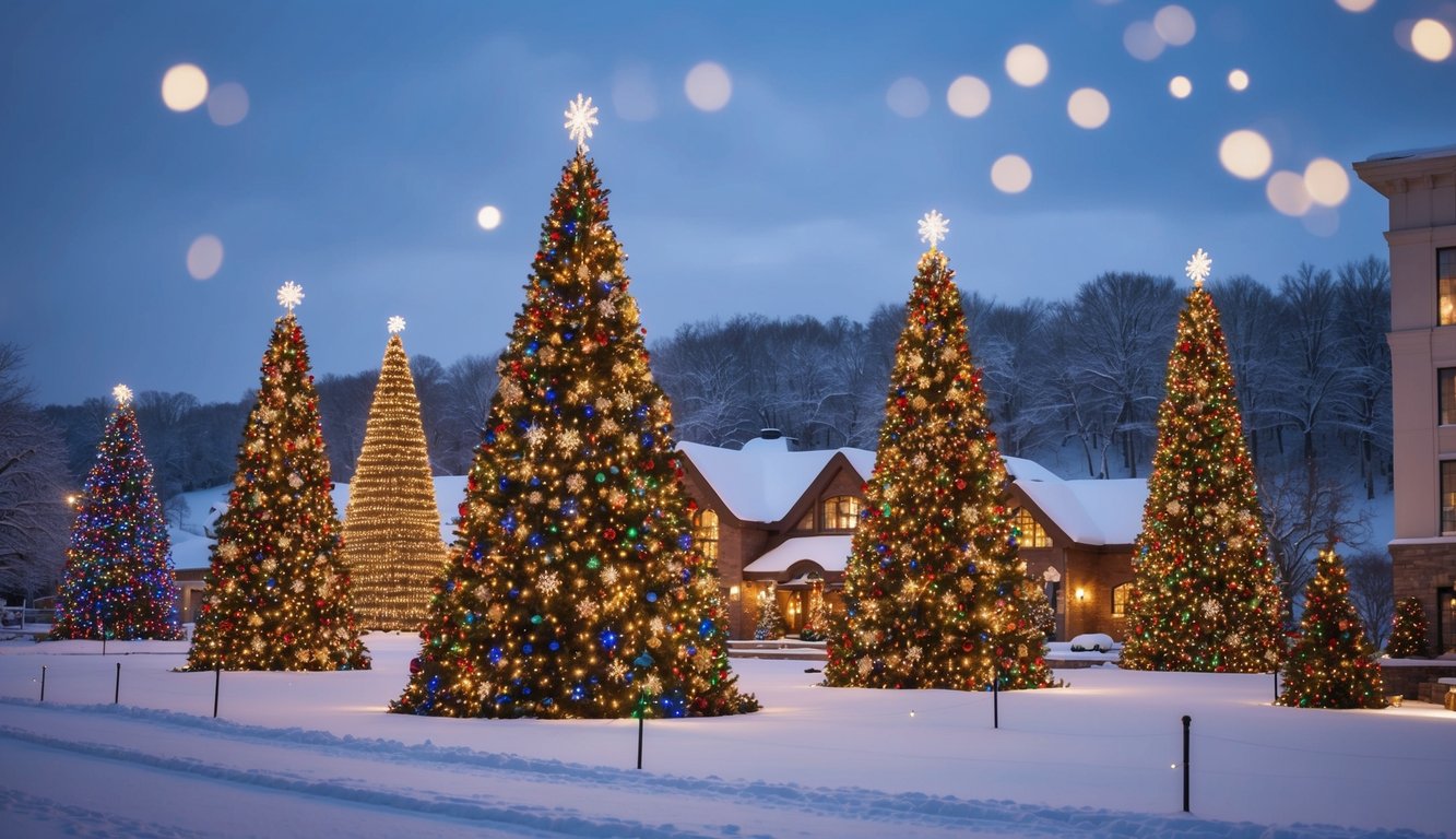 Best Christmas Light Shows Missouri 2025: Top 20 Dazzling Holiday Displays 5 A snowy landscape with a grand display of colorful Christmas lights adorning trees, buildings, and festive decorations, creating a magical winter wonderland