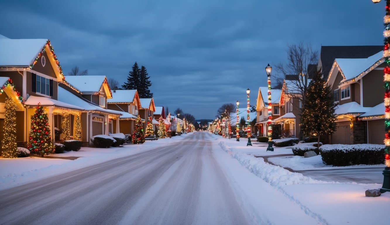 Best Christmas Light Shows Michigan 2025: Top Dazzling Displays to Experience 5 A snow-covered suburban street lined with colorful, twinkling Christmas lights and festive decorations