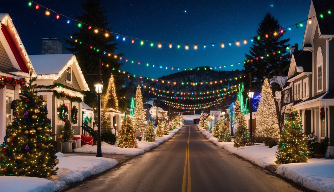 Best Christmas Light Shows Missouri 2025: Top 20 Dazzling Holiday Displays 6 A cozy neighborhood street lined with colorful, twinkling Christmas lights and festive decorations, with a backdrop of snow-covered trees and a starry night sky