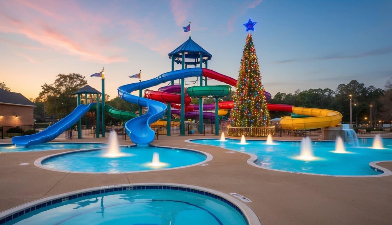 Best Christmas Light Displays Mississippi 2025: Must-See Locations 7 Colorful lights adorn the water slides and pools at Holmes Water Park, creating a festive Christmas display in Mississippi 2025