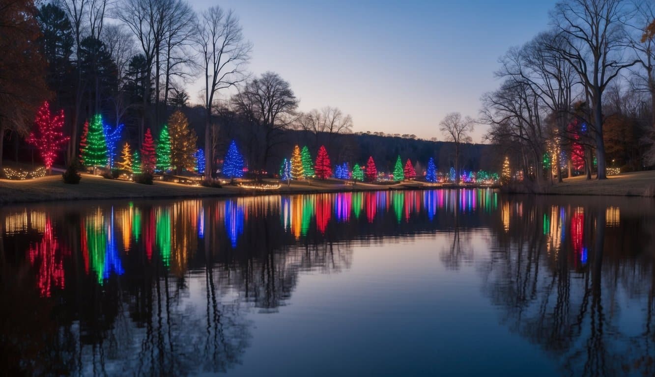 Best Christmas Light Shows Missouri 2025: Top 20 Dazzling Holiday Displays 7 A serene lake surrounded by trees, adorned with colorful Christmas lights reflecting in the water, creating a magical holiday scene in Missouri