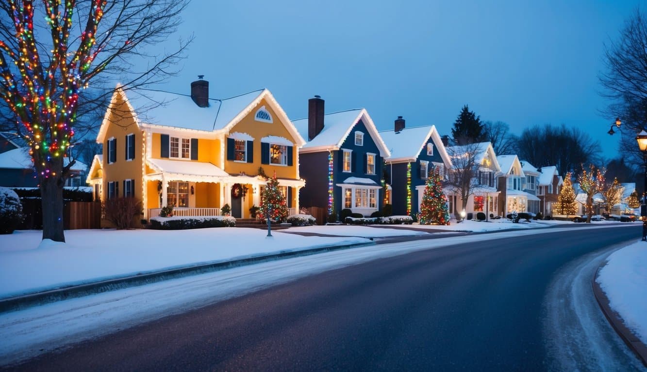 Best Christmas Light Shows Michigan 2025: Top Dazzling Displays to Experience 6 Colorful lights adorn houses and trees, illuminating the snowy street. A dazzling display of holiday cheer fills the air on Dover Drive