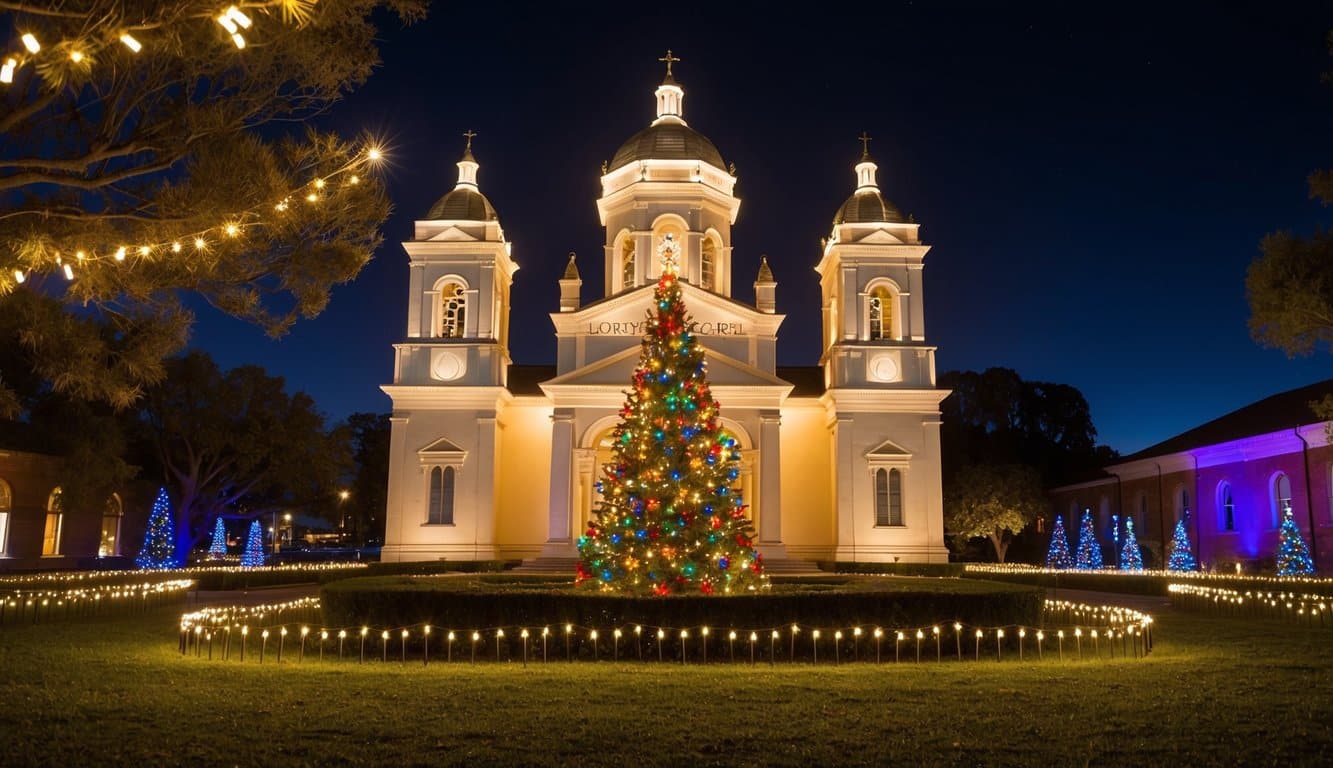 Best Christmas Light Shows New Mexico 2025: Top 7 Festive Displays Across the State 5 The Loretto Chapel Museum glows with colorful Christmas lights, illuminating the historic building and creating a festive atmosphere