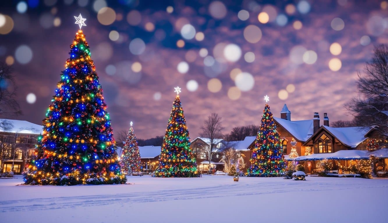 Best Christmas Light Shows Missouri 2025: Top 20 Dazzling Holiday Displays 8 A snowy landscape with colorful holiday lights adorning trees, buildings, and festive decorations, creating a magical winter wonderland
