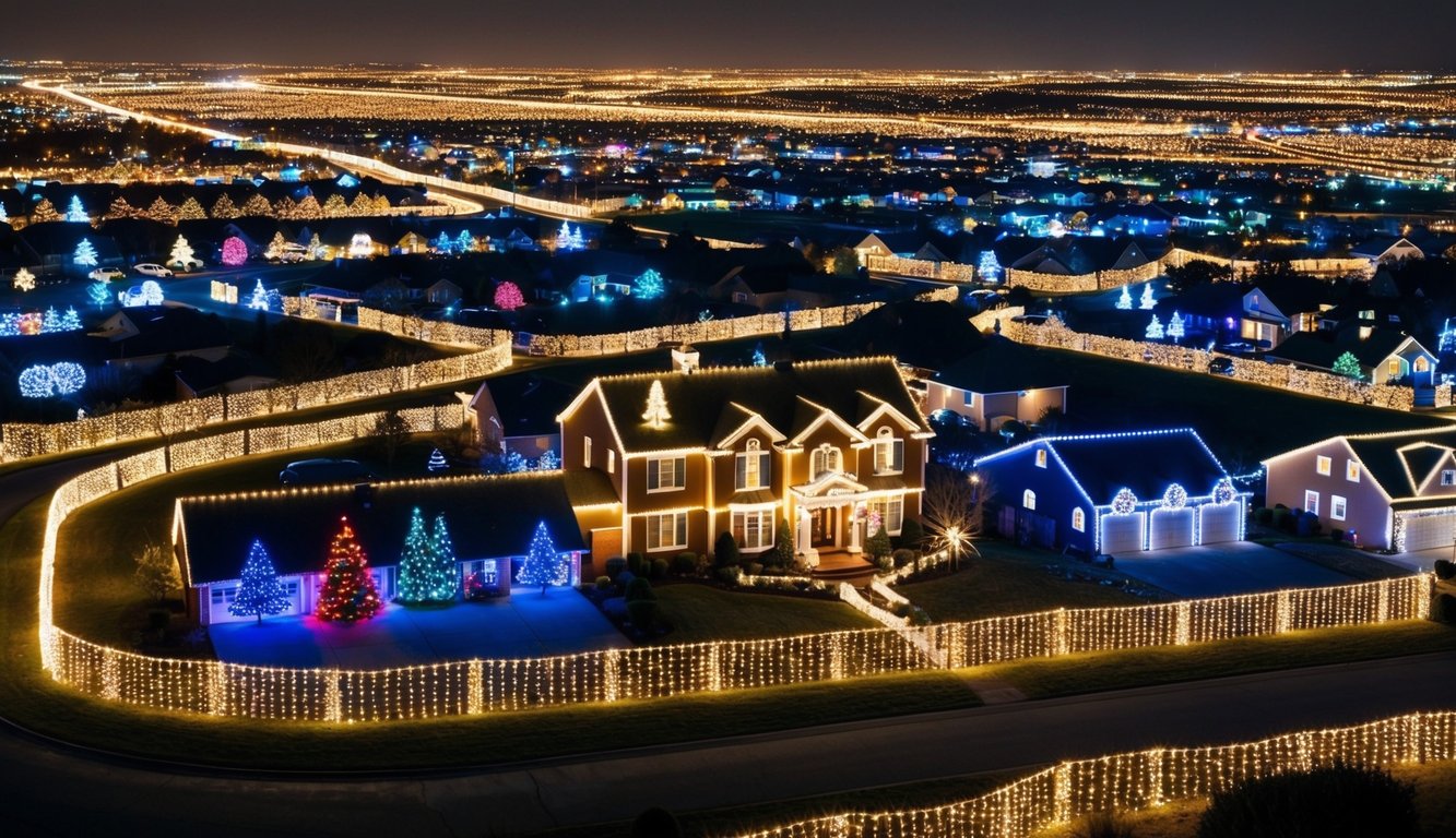 Best Christmas Light Shows Missouri 2025: Top 20 Dazzling Holiday Displays 2 A grand display of twinkling lights illuminates a sprawling suburban neighborhood, with houses adorned in colorful and intricate Christmas light shows