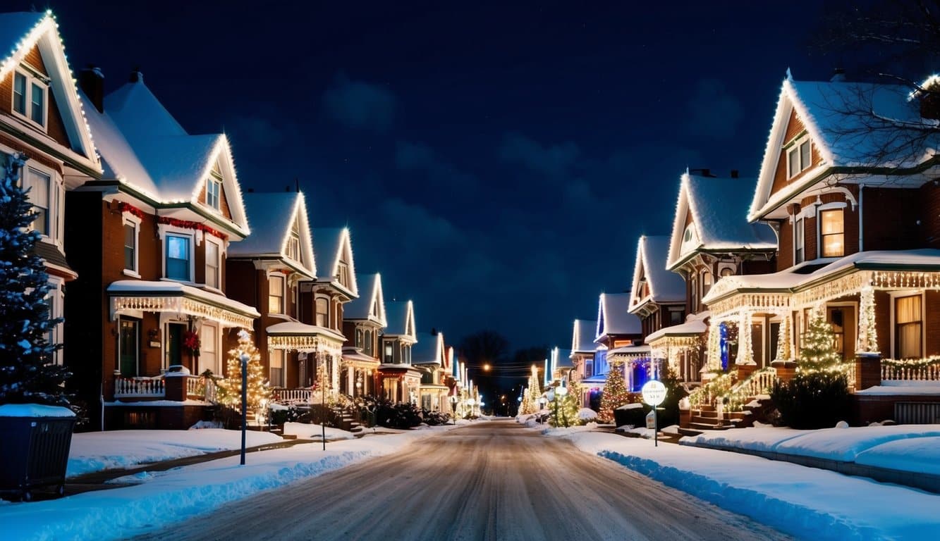 Best Christmas Light Shows Michigan 2025: Top Dazzling Displays to Experience 10 A snow-covered suburban street lined with Victorian homes adorned with elaborate Christmas light displays, twinkling in the dark Michigan night