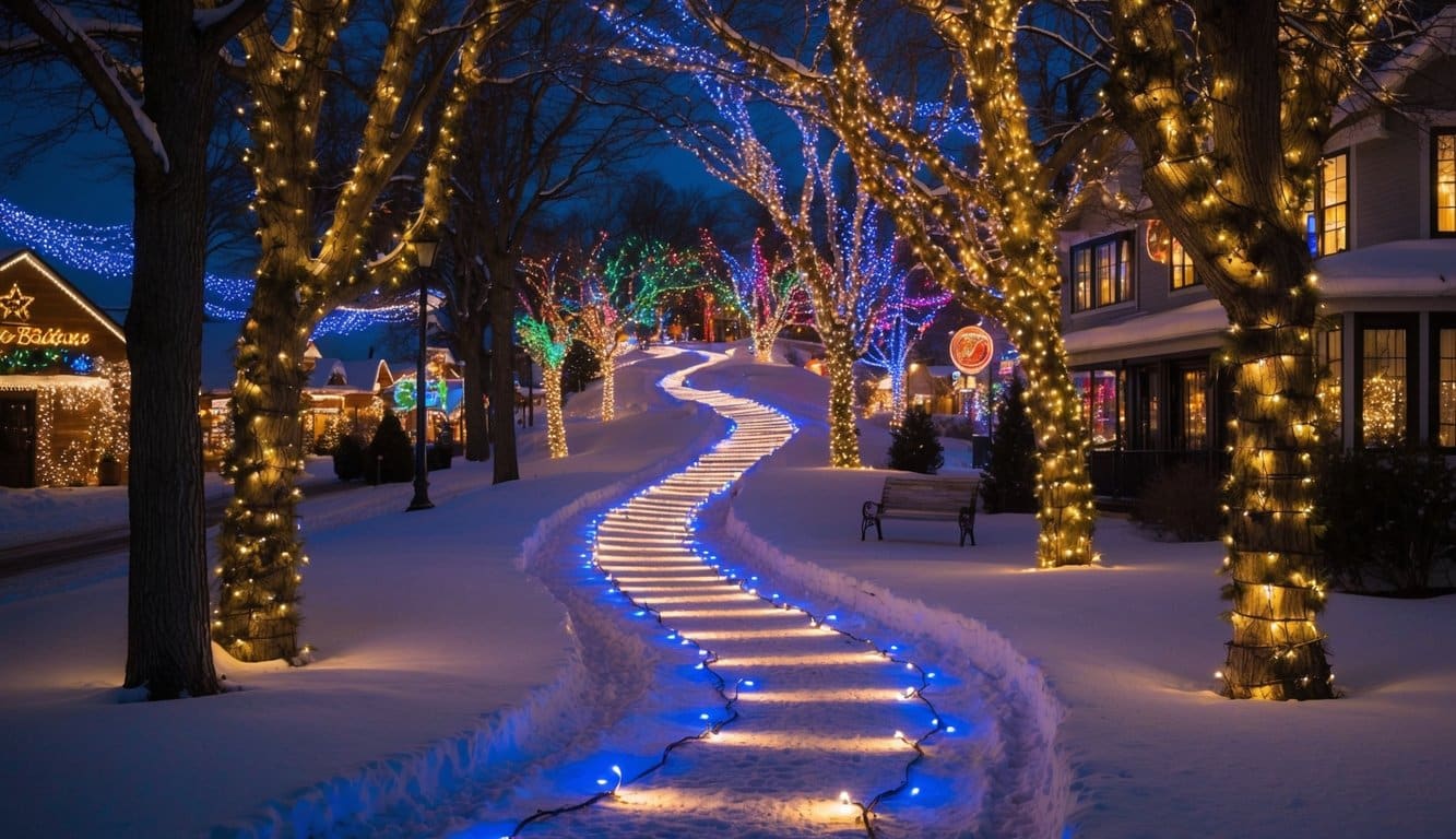 Best Christmas Light Shows Missouri 2025: Top 20 Dazzling Holiday Displays 3 A winding trail of colorful lights weaves through a winter wonderland, illuminating trees, buildings, and festive displays