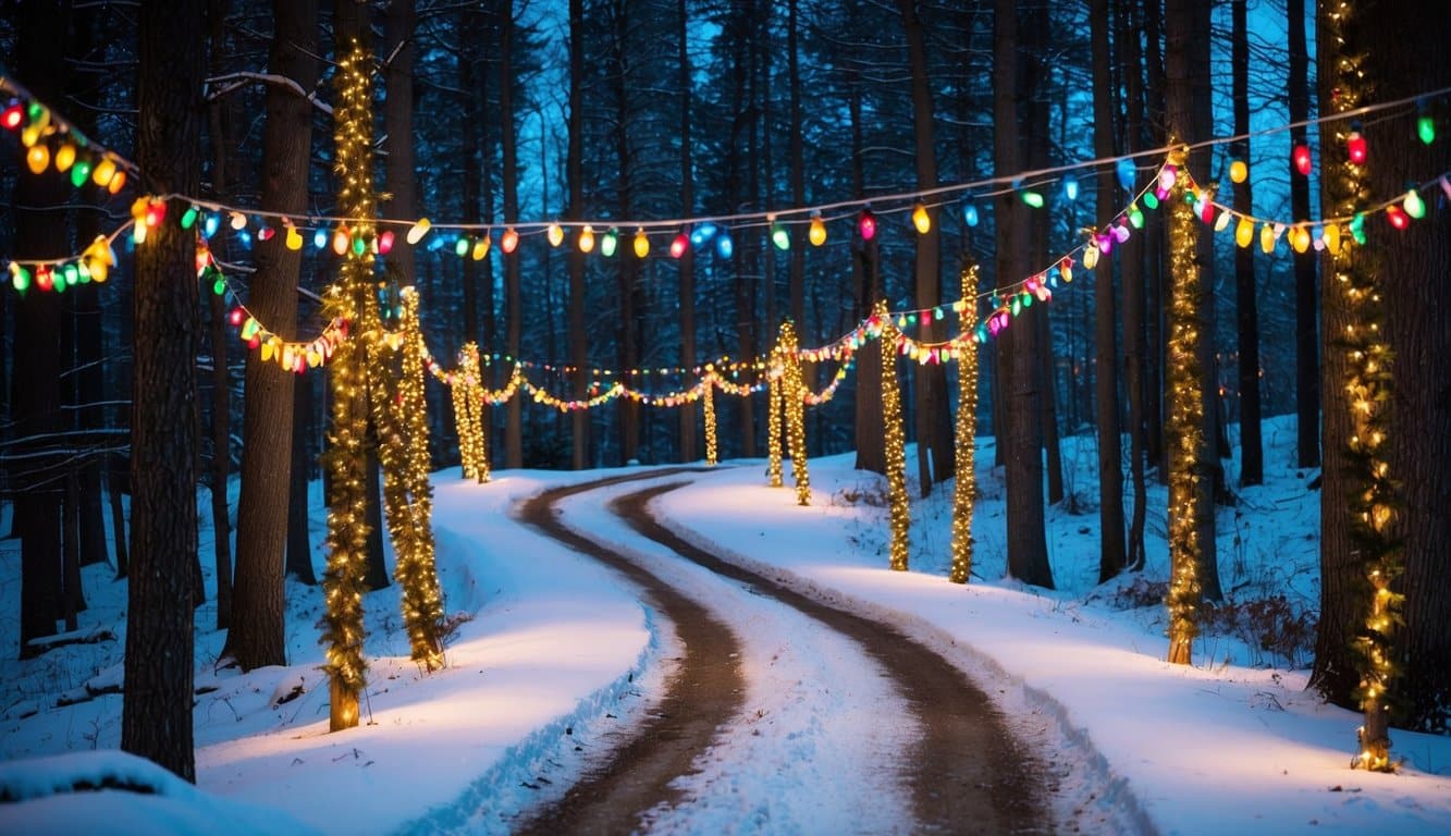 Best Christmas Light Shows Michigan 2025: Top Dazzling Displays to Experience 7 A winding trail through a snowy forest, adorned with colorful, twinkling Christmas lights and festive decorations