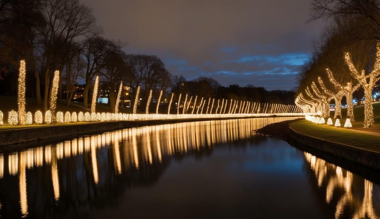 Best Christmas Light Shows Michigan 2025: Top Dazzling Displays to Experience 8 A winding river lined with twinkling Christmas lights illuminating the surrounding trees and reflecting off the water, creating a magical holiday spectacle