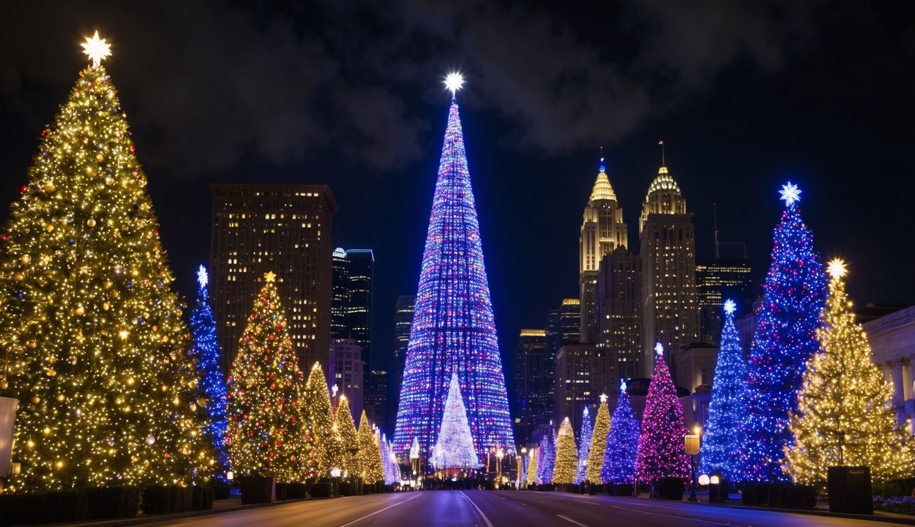 Best Christmas Light Shows Missouri 2025: Top 20 Dazzling Holiday Displays 10 A grand display of colorful lights illuminating the city skyline, with towering Christmas trees and sparkling decorations lining the streets