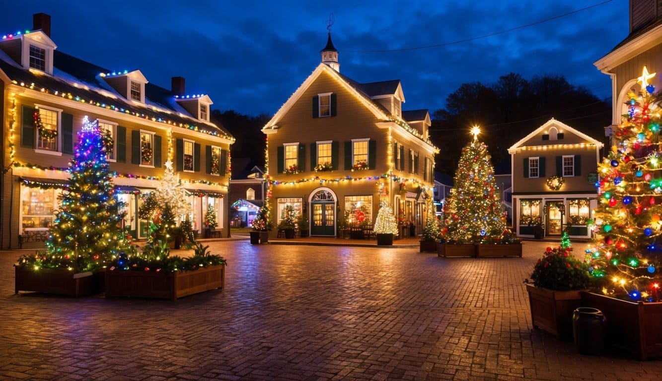 Best Christmas Light Shows New Hampshire 2025: Dazzling Displays for the Holiday Season 3 A cozy New Hampshire town square aglow with colorful Christmas lights and festive decorations, creating a magical holiday atmosphere