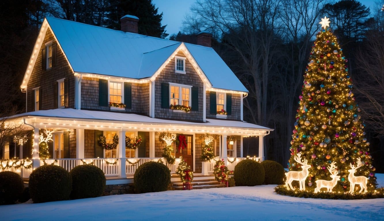Best Christmas Light Shows New Hampshire 2025: Dazzling Displays for the Holiday Season 2 A cozy New Hampshire farmhouse adorned with twinkling lights, a glowing reindeer display, and a towering Christmas tree covered in colorful ornaments
