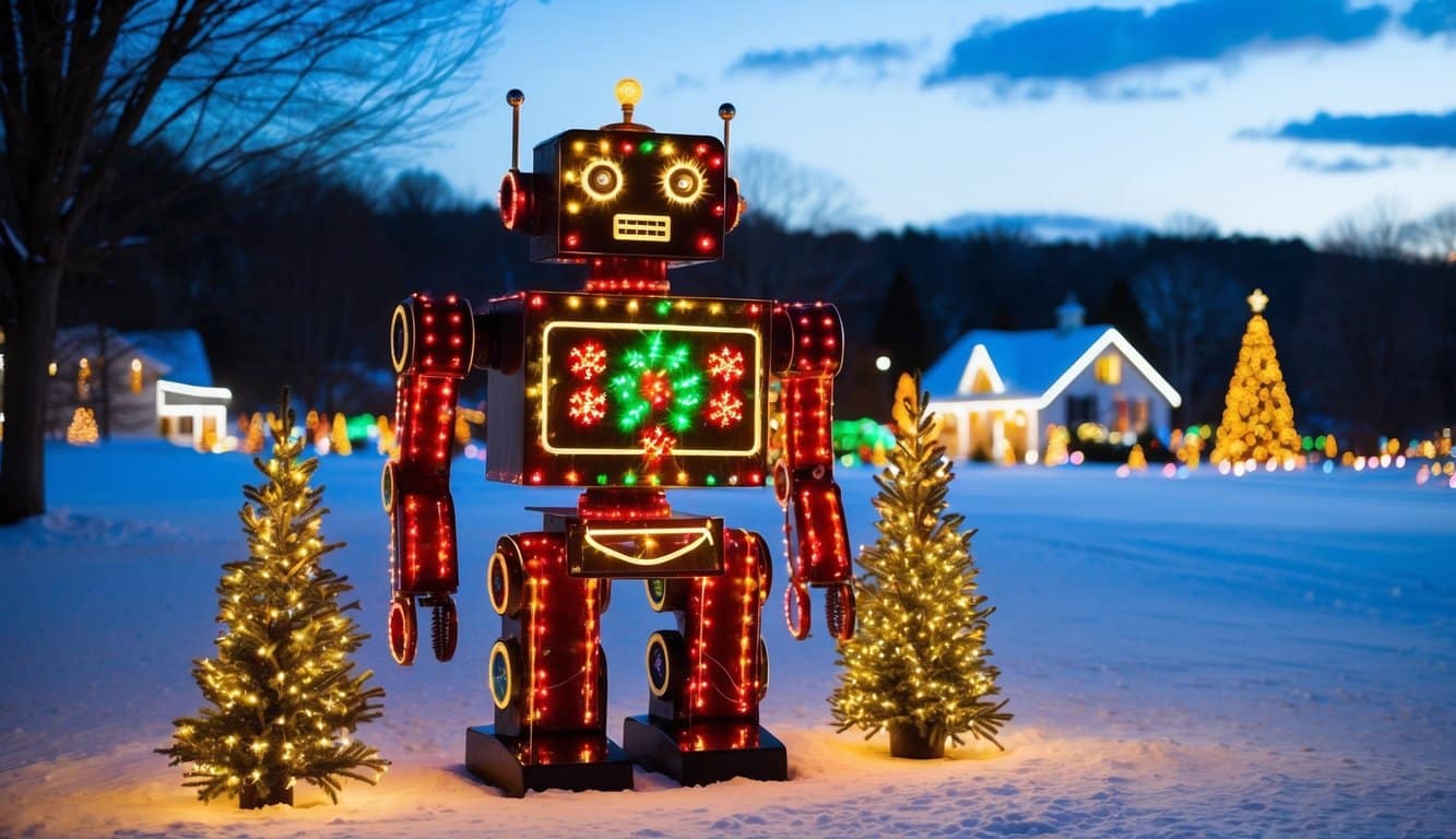 Best Christmas Light Shows New Hampshire 2025: Dazzling Displays for the Holiday Season 4 A festive robot display glows with colorful holiday lights, illuminating a snowy New Hampshire landscape