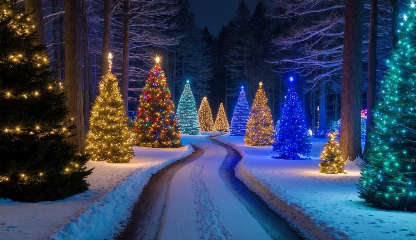 Best Christmas Light Shows New Hampshire 2025: Dazzling Displays for the Holiday Season 8 A dazzling display of colorful Christmas lights illuminating a winding path through a snowy forest, with towering trees adorned in twinkling lights and festive decorations