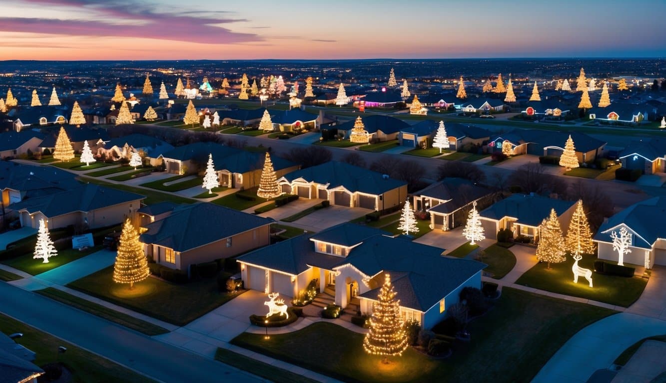 Best Christmas Light Displays New Jersey 2025: Must-See Holiday Attractions 2 A sprawling suburban neighborhood aglow with elaborate Christmas light displays, featuring twinkling trees, glowing reindeer, and colorful light projections
