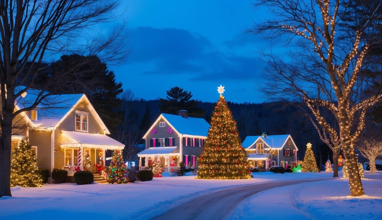Best Christmas Light Shows New Hampshire 2025: Dazzling Displays for the Holiday Season 10 A winter wonderland with colorful lights and festive decorations adorning houses and trees, creating a magical Christmas light show in New Hampshire