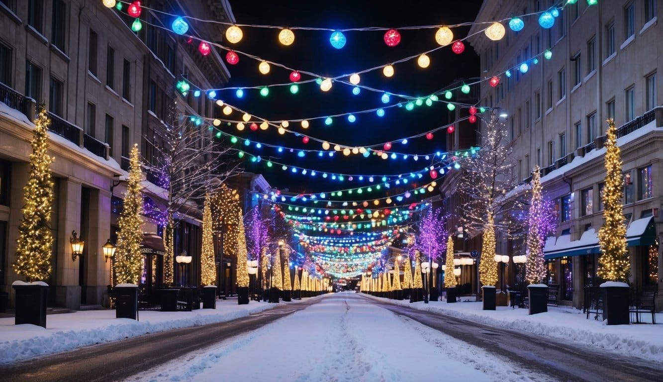 Best Christmas Light Displays New Jersey 2025: Must-See Holiday Attractions 4 A snow-covered street lined with twinkling, colorful lights and festive decorations, creating a magical winter wonderland scene
