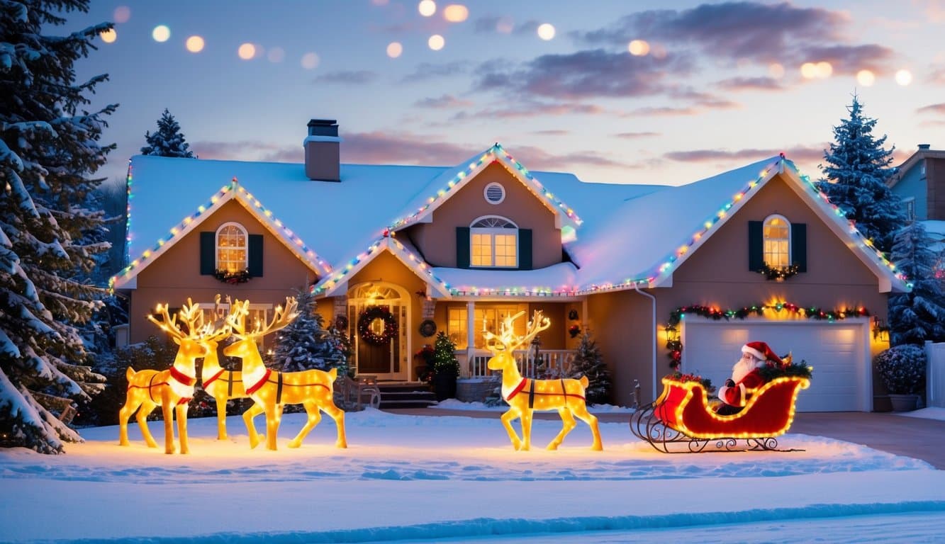 Best Christmas Light Displays New Jersey 2025: Must-See Holiday Attractions 6 A cozy suburban home adorned with colorful lights, twinkling reindeer, and a glowing Santa sleigh, surrounded by a winter wonderland of snow-covered trees and festive decorations