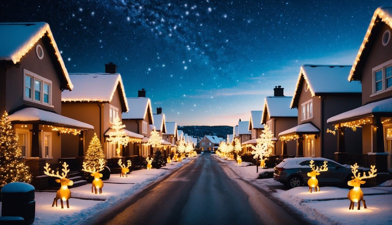 Best Christmas Light Displays New Jersey 2025: Must-See Holiday Attractions 7 A cozy suburban street lined with houses adorned with twinkling Christmas lights, glowing reindeer, and sparkling snowflakes under a starry winter sky