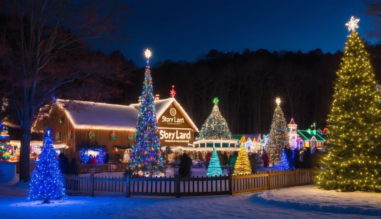 Best Christmas Light Shows New Hampshire 2025: Dazzling Displays for the Holiday Season 7 A festive winter wonderland with colorful lights adorning trees, buildings, and holiday displays, creating a magical atmosphere at Story Land's Christmas light show in New Hampshire