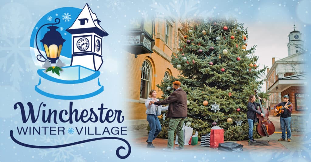 50 Magical Christmas Markets in Virginia for 2025 You Can’t Miss: Ultimate Guide to Festive Events & Holiday Shopping 5 A group of people play music and dance beside a large decorated Christmas tree; "Winchester Winter Village" logo appears on the left.
