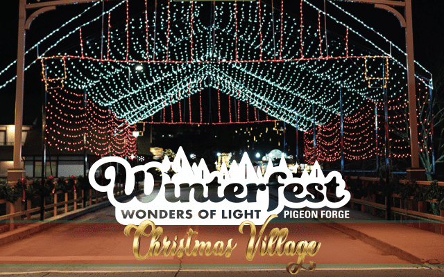 You won't Want To Miss Tennessee’s Most Magical Christmas Markets and Holiday Fairs for 2025 2 A tunnel decorated with red, white, and blue lights at night, with a "Winterfest Wonders of Light Pigeon Forge Christmas Village" sign in front.