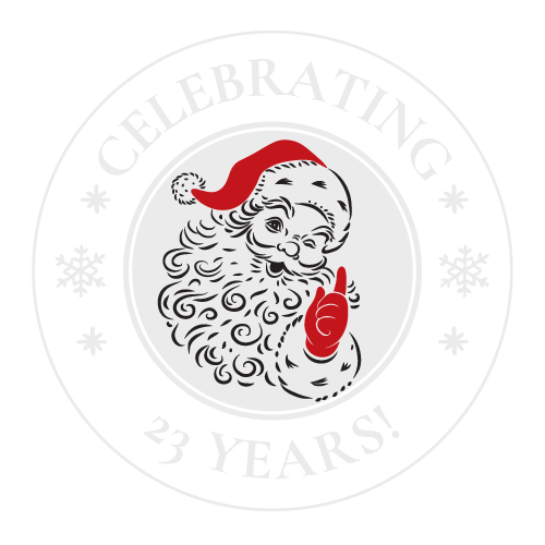 18 Magical Christmas Light Displays in Wisconsin You Can’t Miss in 2025 (Drive-Thrus, Walk-Thrus & Secret Neighborhood Gems!) 6 Circular emblem with a drawing of Santa Claus in the center, surrounded by the words "CELEBRATING 23 YEARS!" and snowflake icons.