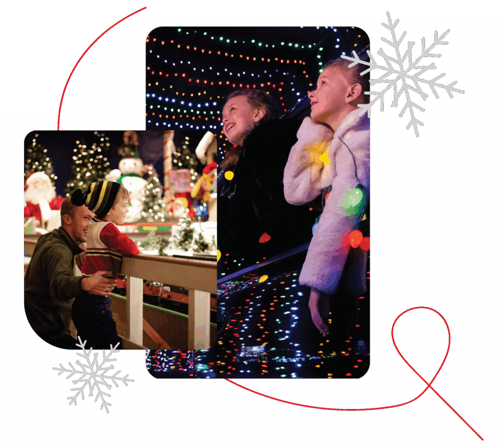 18 Magical Christmas Light Displays in Wisconsin You Can’t Miss in 2025 (Drive-Thrus, Walk-Thrus & Secret Neighborhood Gems!) 7 Two children and an adult look at festive holiday lights and decorations, with snowflake graphics and a red ribbon accent overlaying the image.