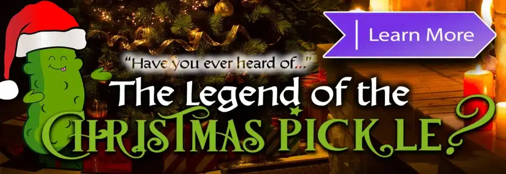 Kansas Christmas Light Shows 2025: The Ultimate Guide to the Most Stunning Holiday Displays You Can’t Miss! 2 A cartoon pickle with a Santa hat is next to text that reads, "The Legend of the Christmas Pickle?" with Christmas lights, gifts, and candles in the background.