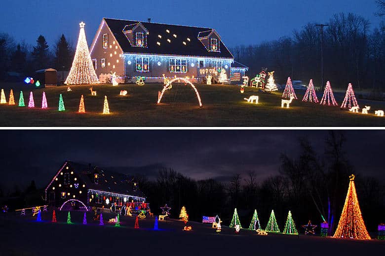 Maine’s Ultimate 2025 Christmas Light Guide: Discover Hidden Sparkling Gems & Holiday Magic Displays You Can’t Miss! 5 A house and yard decorated with colorful Christmas lights, illuminated trees, reindeer, and festive displays at night.