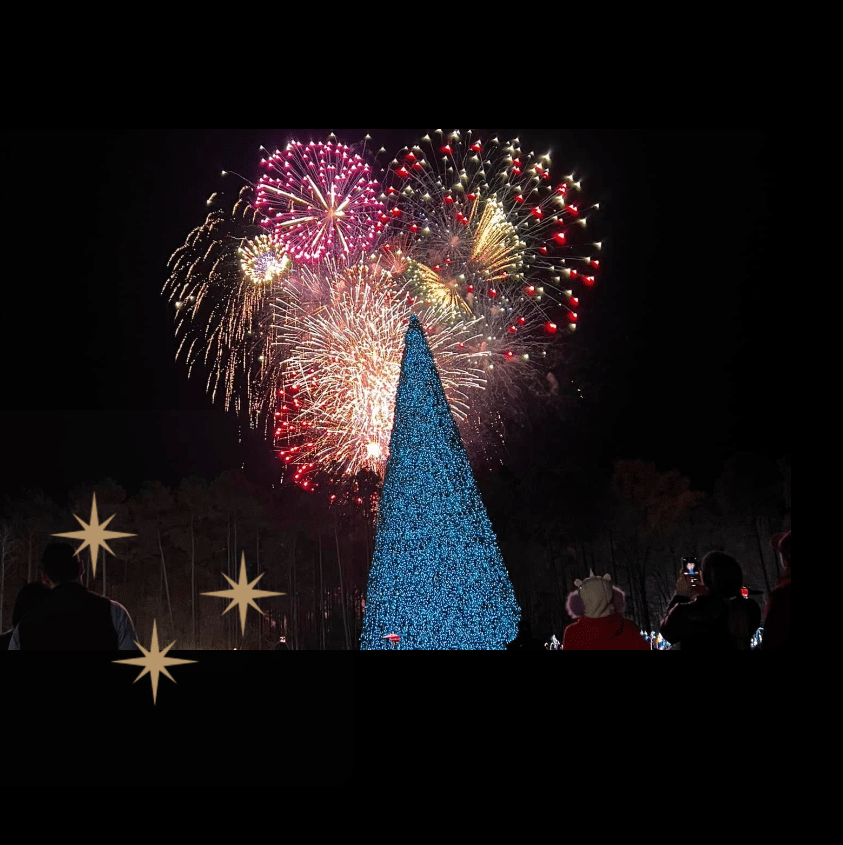 Louisiana’s Ultimate 2025 Christmas Light Displays: Discover The Most Magical, Must-See Holiday Shows You Can’t Miss! 7 A large blue-lit Christmas tree stands in front of colorful fireworks at night, with people watching and taking photos.
