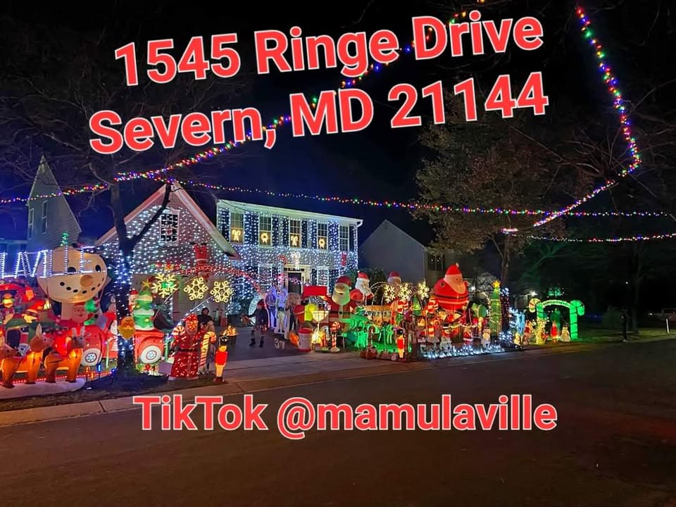 7 Jaw-Dropping Maryland Christmas Light Shows in 2025 You Can’t Afford to Miss! 3 A house at night decorated with numerous colorful Christmas lights and inflatable holiday figures, with large red text showing the address and a TikTok handle.