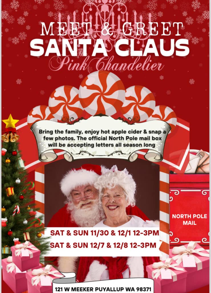 Christmas Markets Washington State 2025: Top 50 Festive Events and Holiday Fairs 4 Santa Claus and Mrs. Claus smiling in front of a festive holiday background with event details and a North Pole Mail sign.