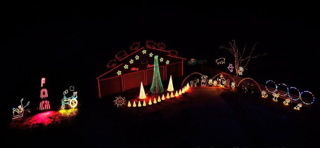 11 Jaw-Dropping Christmas Light Displays in Washington for 2025—You Won’t Believe #7! 1 Barn decorated with Christmas lights, including animal shapes, trees, cones, candy canes, and festive figures, illuminated against a dark night background.