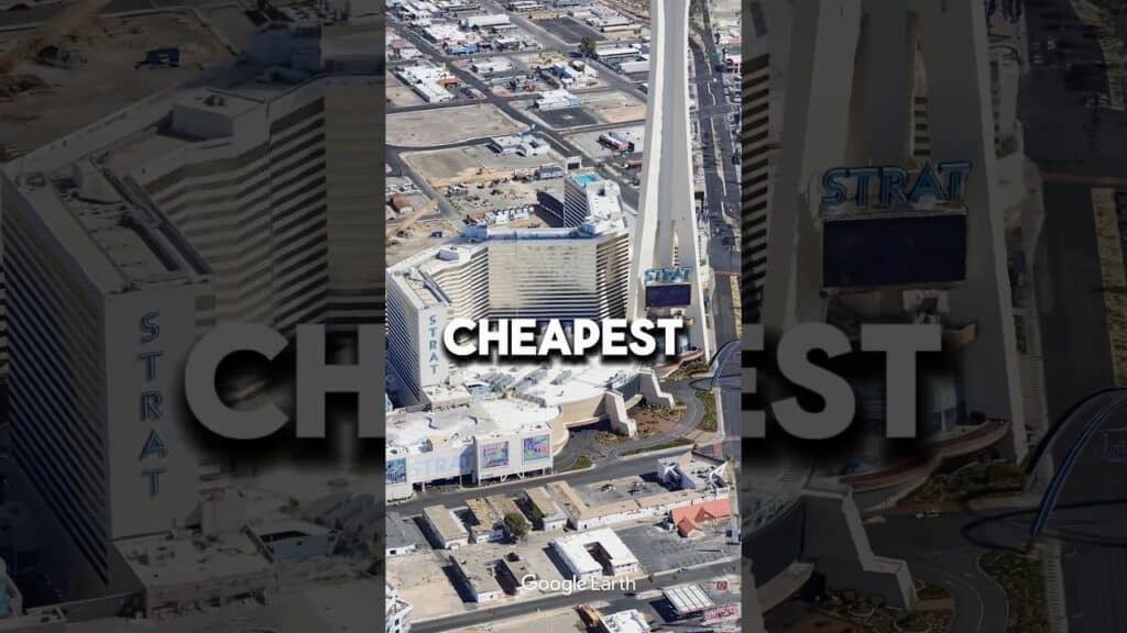 Aerial view of The STRAT hotel and casino in Las Vegas with large white text reading "CHEAPEST" overlaid on the image.