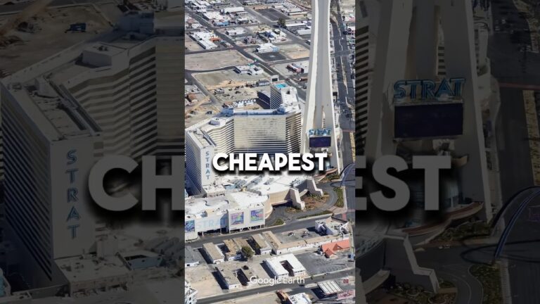 Aerial view of The STRAT hotel and casino in Las Vegas with large white text reading "CHEAPEST" overlaid on the image.