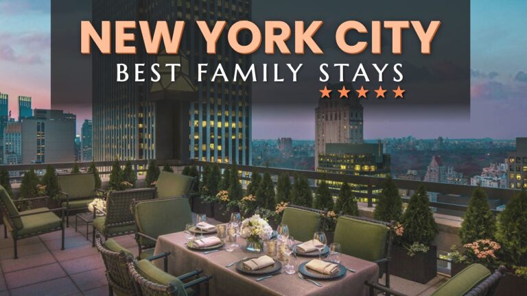 Outdoor dining area on a rooftop terrace overlooking New York City buildings at dusk. Text reads “New York City Best Family Stays” with five stars.