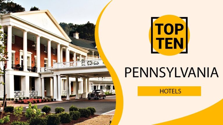 Large brick hotel with white columns and balconies is shown next to a graphic that reads "Top Ten Pennsylvania Hotels.