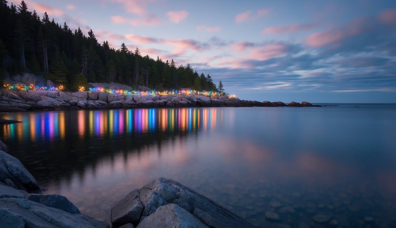 Maine’s Ultimate 2025 Christmas Light Guide: Discover Hidden Sparkling Gems & Holiday Magic Displays You Can’t Miss! 7 A rocky coastline adorned with colorful Christmas lights, reflecting in the calm waters of Schoodic Point, Maine in 2025