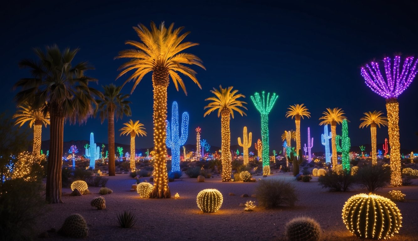 These 2025 Christmas Light Displays in the US Will Blow Your Mind – See Them Before Everyone Else! 2 A grand display of colorful, twinkling lights adorning palm trees, cacti, and desert landscapes, creating a festive and enchanting holiday scene in Nevada