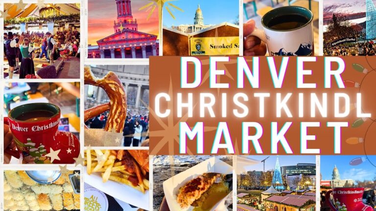 Collage of scenes from the Denver Christkindl Market, featuring festive crowds, food, drinks, lights, and city landmarks with a large title in the center.