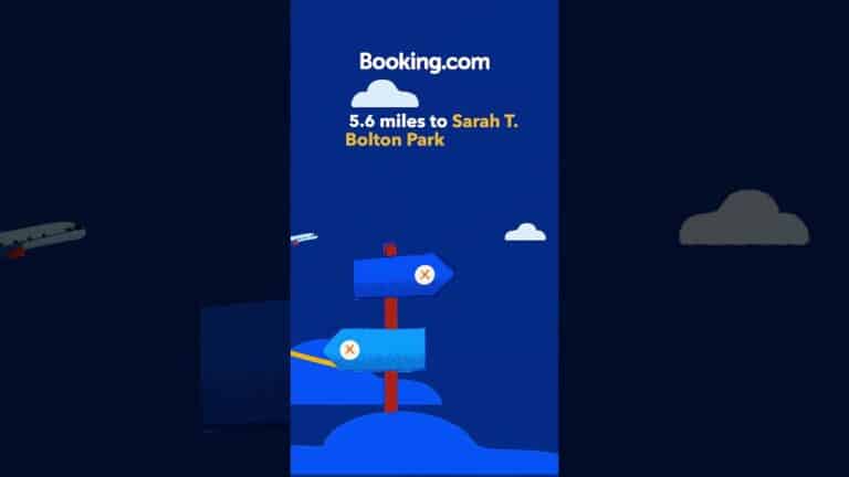 A digital graphic shows a signpost and airplanes with the text: "Booking.com, 5.6 miles to Sarah T. Bolton Park" on a blue background with clouds.